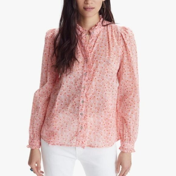 NWT Banjanan Chrissie Pockets Shirt Blouse Scattered Daisy Orchid Pink Ruffle M - Picture 1 of 9